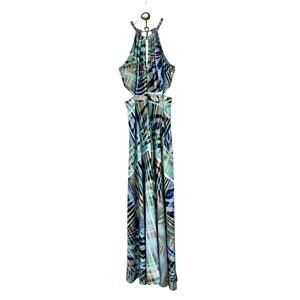 Marciano Kaleidoscope Gown Maxi Dress Chainlink Halter Cut Outs Sz 2 Blue Green